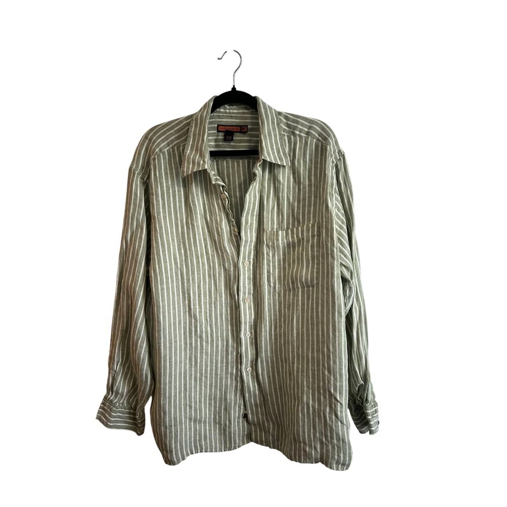 Bullock & Jones 100% Linen Button Up Shirt Green White Stripe Sz XL Front Pocket